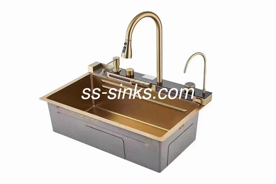 Lavatorio di cucina in acciaio inossidabile d'oro fatto a mano con rubinetto e accessori