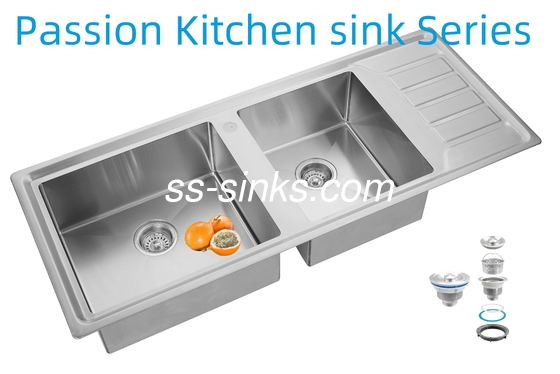 12050 Lavello da cucina fatto a mano in acciaio inossidabile a doppia vasca con scolapiatti