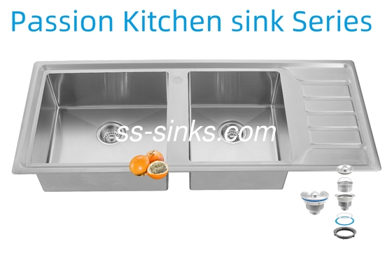 12050 Lavello da cucina fatto a mano in acciaio inossidabile a doppia vasca con scolapiatti